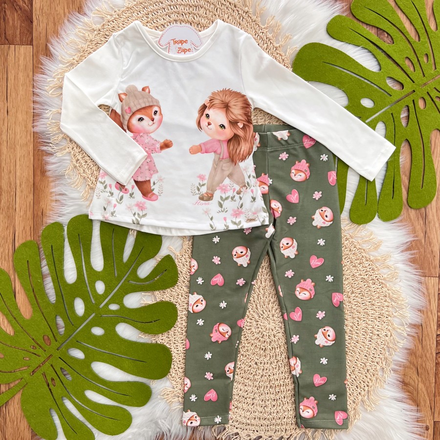 Conj. Blusa Manga Longa Leoa com Raposinha e Calça Legging - Off White e Verde